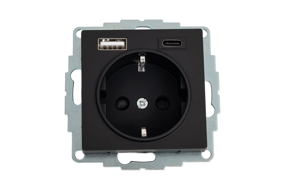 Розетка AtlasDesign 16А с USB A+C, 5В/2.4А и 2×5В/1.2А, механизм, цвет карбон