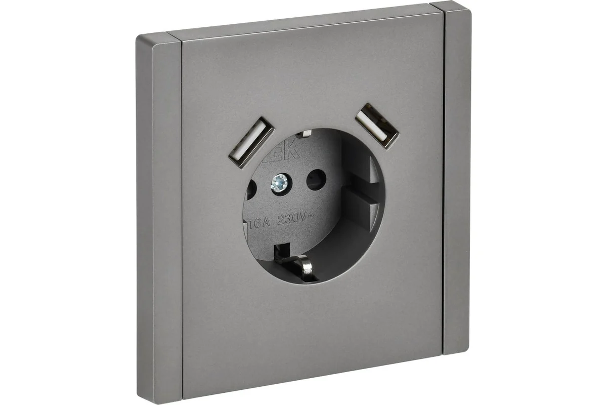 Розетка FORTEPIANO 16А с 2xUSB (Type A+C) 3.1А, с заземлением и шторками, цвет Сталь (FP545)
